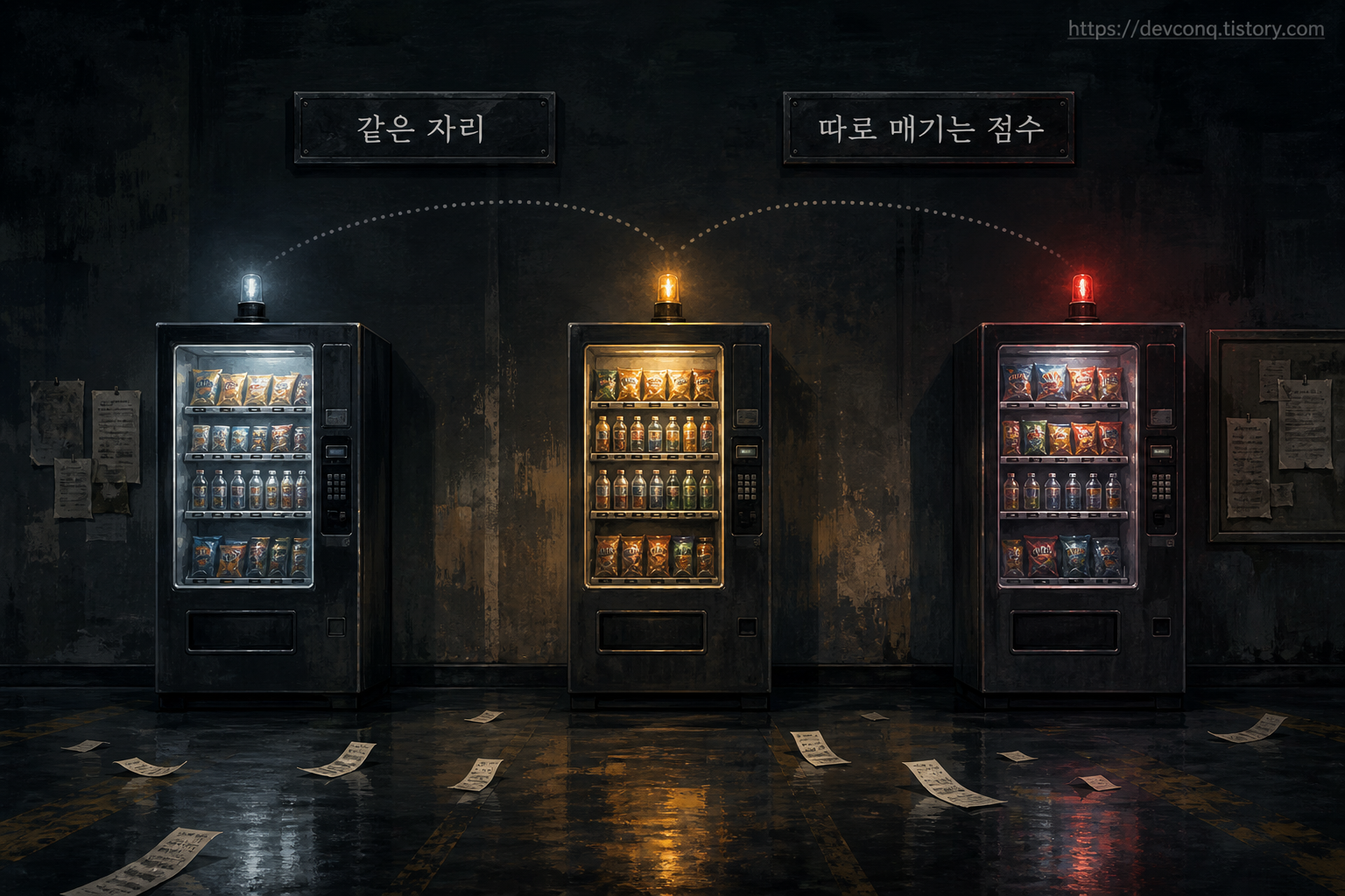 같은 복도에 자판기 세 대가 나란히 서 있고 각 기계 위로 서로 다른 색 신호등이 켜진 장면