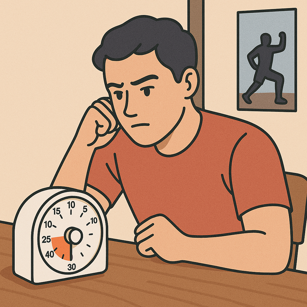 사람이 25분 타이머를 보며 집중하는 모습과, 짧게 스쿼트 운동을 하는 모습이 함께 표현된 일러스트. 집중과 운동 루틴을 상징