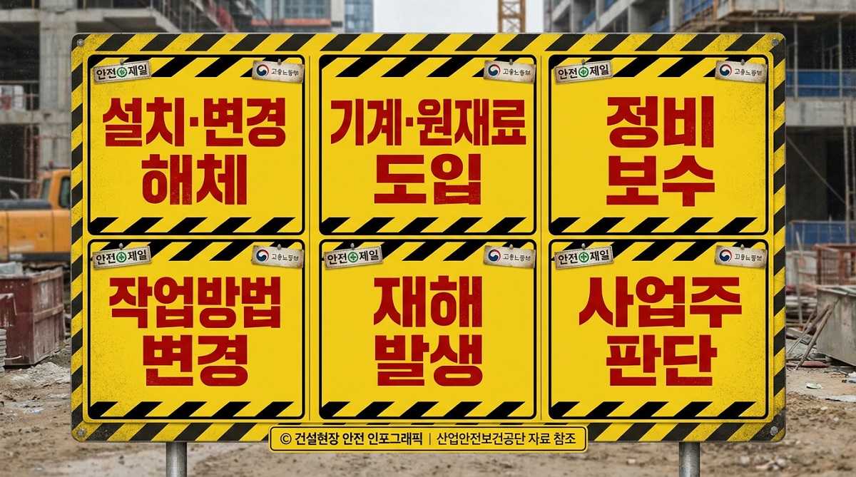 건설현장 수시 위험성평가가 필요한 주요 상황을 정리한 인포그래픽