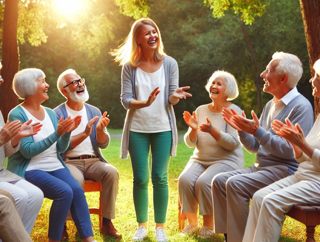 공원에서 어르신들과 웃음 치료하는 이미지