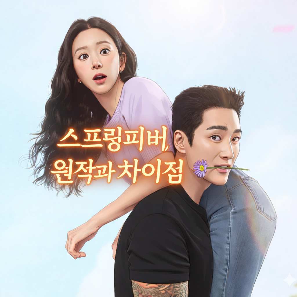 "스프링피버 원작과 차이점" 이라는 문구가 들어간 썸네일 이미지이며 배경에는 스프링 피버의 주연의 모습이 약간의 애니메이션 느낌으로 들어가있다.