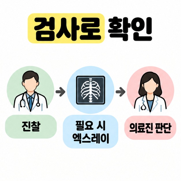 의료진 그림과 갈비뼈 모양의 엑스레이 화면 그림을 사용해 진찰에서 필요 시 엑스레이를 거쳐 의료진 판단으로 이어지는 검사 과정