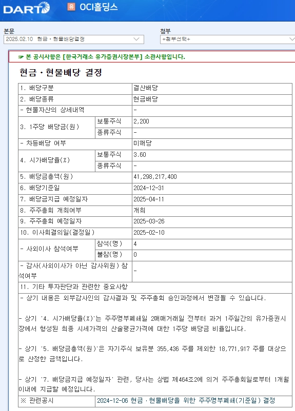 OCI홀딩스(010060) 2025년 배당