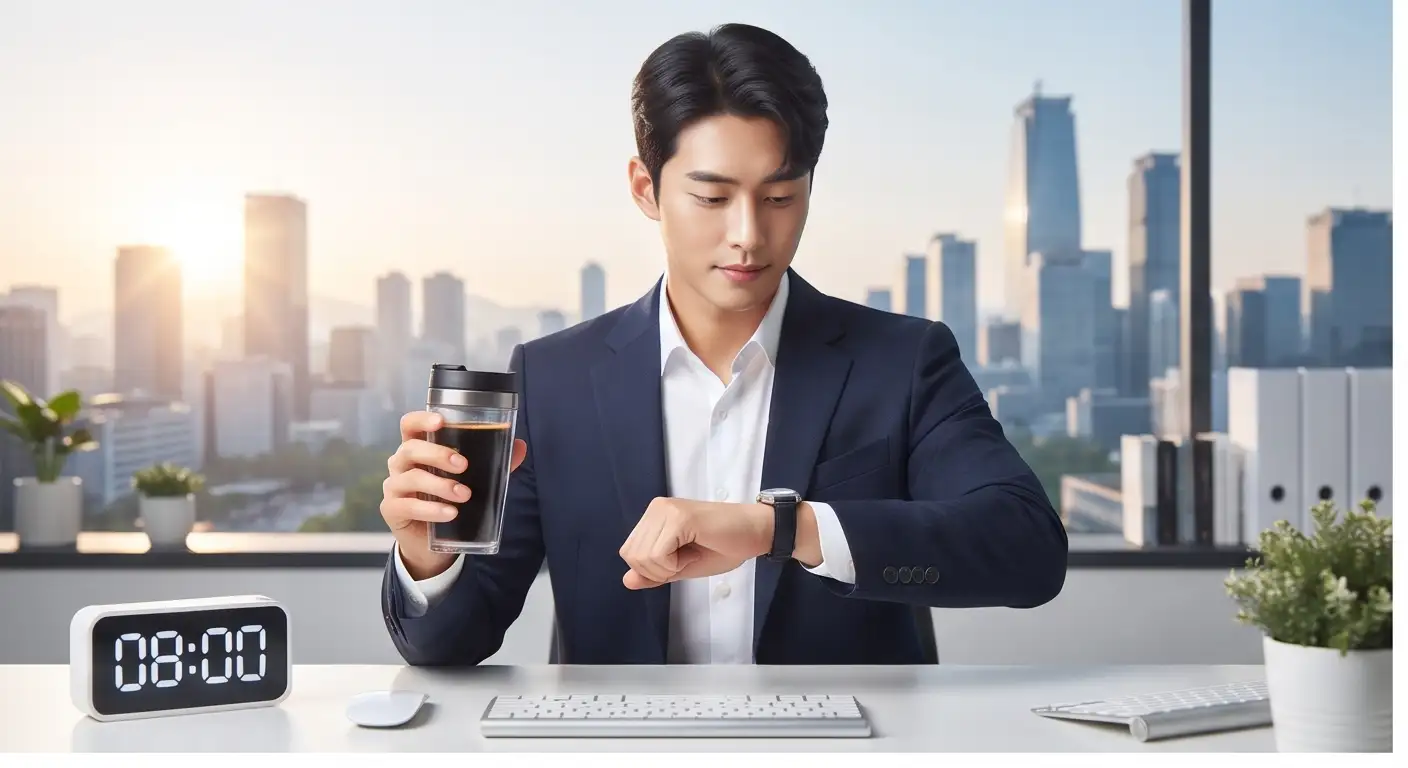 오전 8시 00분 시계 옆에서 텀블러를 들고 손목시계를 확인하는 정장 차림의 남성 직장인