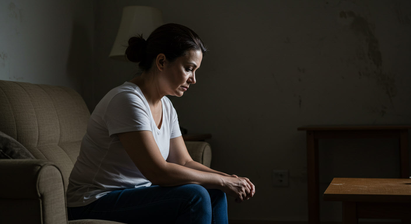 어두움방에 여자분이 힘없이 앉아있는모습