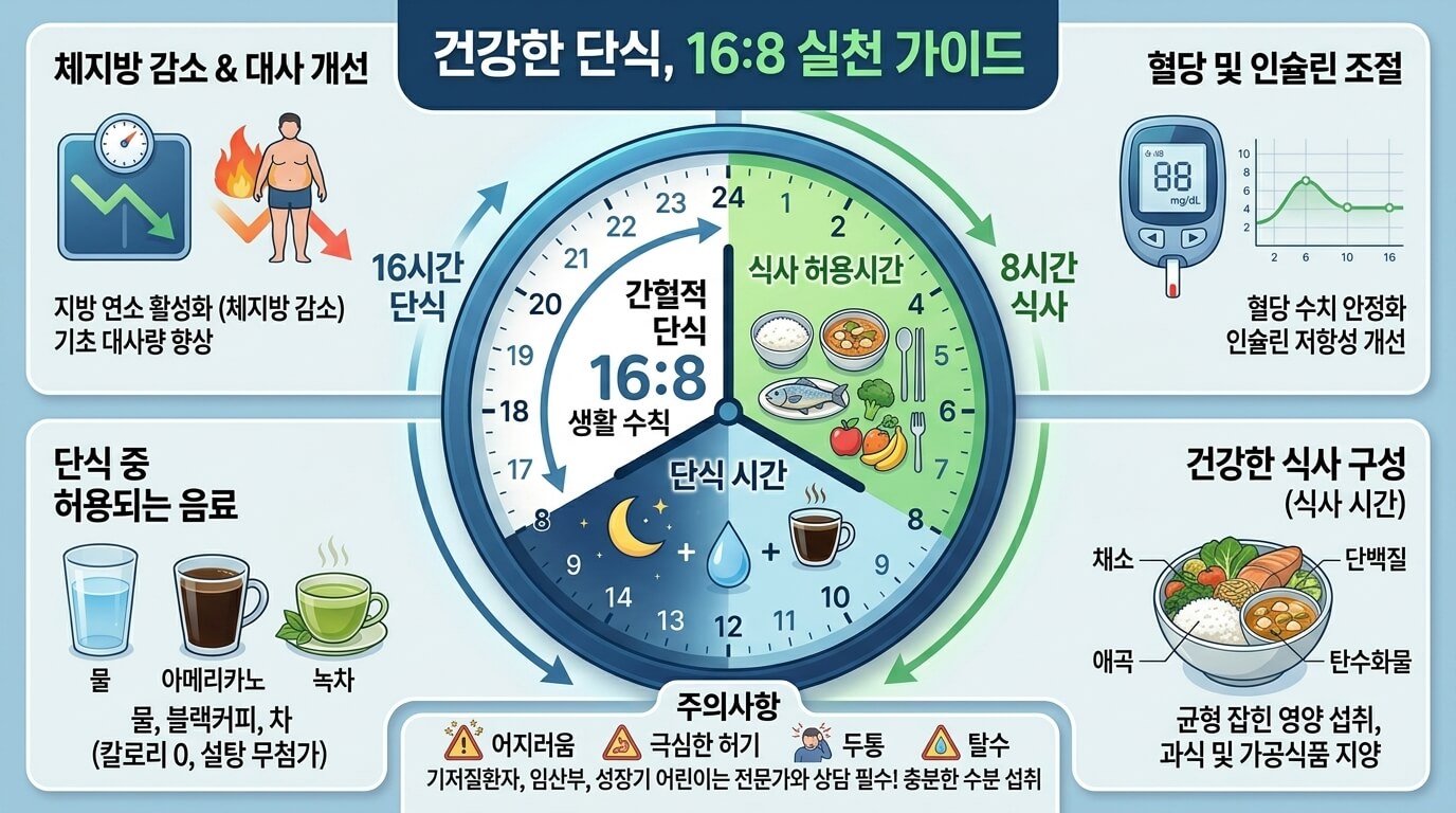 16대8 간헐적 단식 방법과 효과, 주의사항을 설명하는 건강 인포그래픽