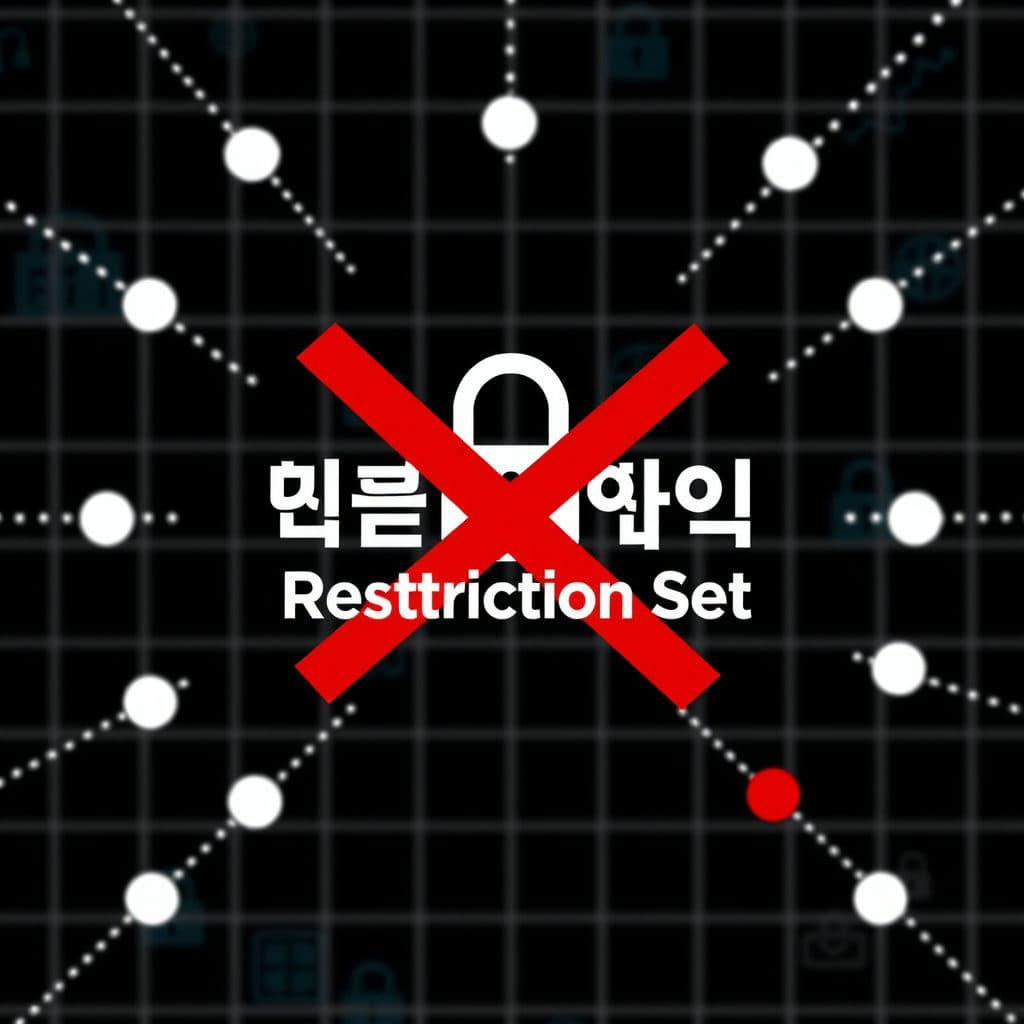 통신 회선이 연결되려는 모습(점선 또는 화살표)이 보이는데, 중앙에 '가입 제한 설정됨'이라는 문구와 함께 굵은 붉은색 X자 표시 또는 잠긴 자물쇠 아이콘이 이를 확실하게 끊어내는 모습을 묘사합니다. 단호하고 강력하게 차단되는 느낌을 주며, 배경에는 보안 시스템을 연상시키는 격자무늬나 디지털 패턴을 넣습니다.