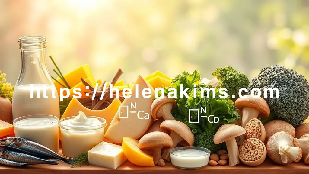 신선한 우유, 요거트, 치즈, 멸치, 케일, 브로콜리, 그리고 햇살을 쬐고 있는 버섯 등이 먹음직스럽게 배열되어 있습니다. 이 음식들 위로 따스한 햇살이 스며들어 비타민D의 중요성을 상징하며, 칼슘(Ca)과 비타민D(D)의 과학적 기호가 있는 모습.