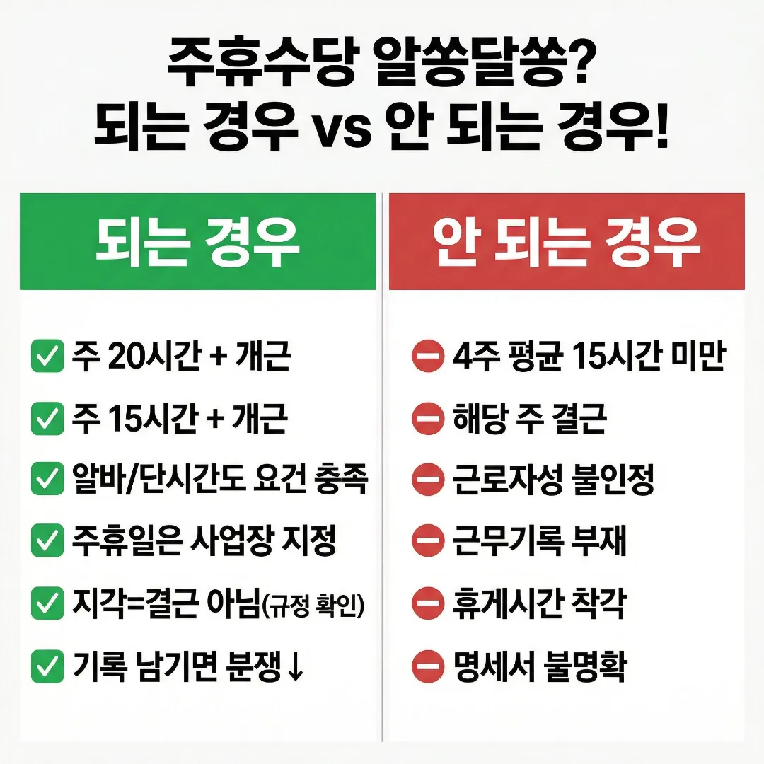 주휴수당 되는 경우와 안 되는 경우를 4주 평균 15시간, 결근 여부 등으로 비교 정리한 체크리스트 이미지