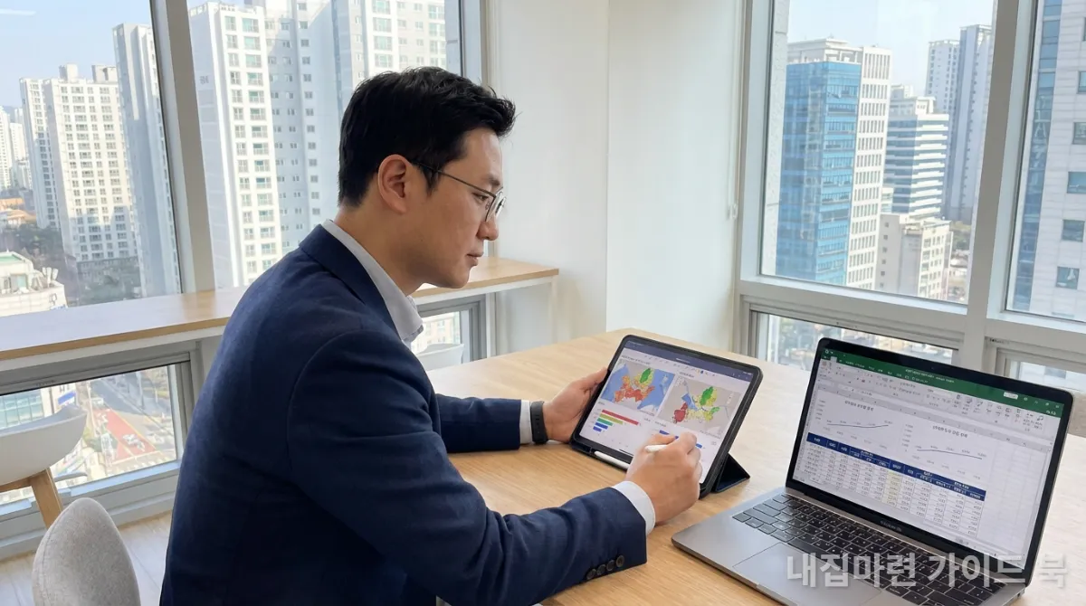 한국인 투자자가 태블릿과 노트북으로 부동산 데이터를 분석하는 모습, 갭투자 전략 수립