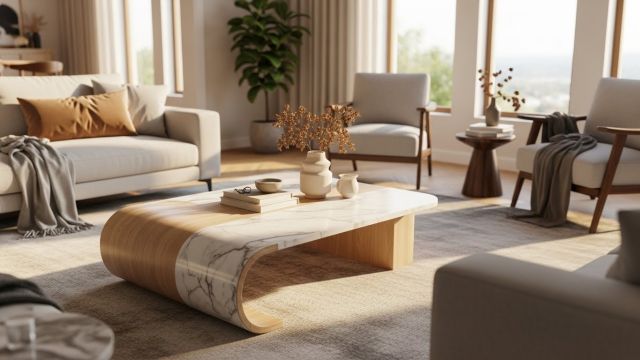 2026년 거실테이블 추천, 최신 인테리어 트렌드를 반영한 원목과 대리석 혼합 디자인 거실테이블