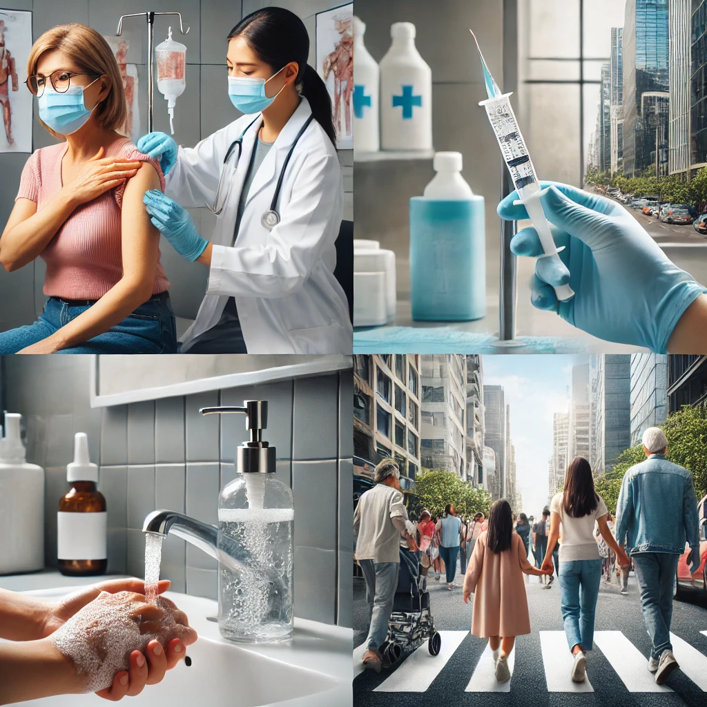 의사가 클리닉에서 중년 여성에게 독감 백신을 접종하는 모습