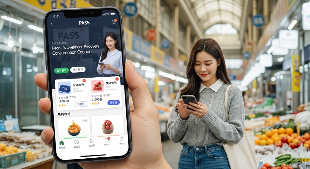 PASS 앱이 실행된 스마트폰을 손에 쥔 모습