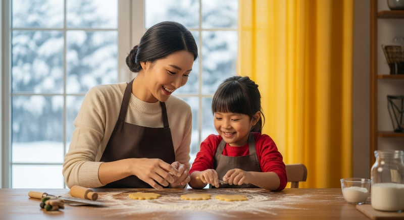 눈 내리는 겨울날 따뜻한 실내에서 아이와 함께 쿠키를 만들며 웃고 있는 엄마의 모습