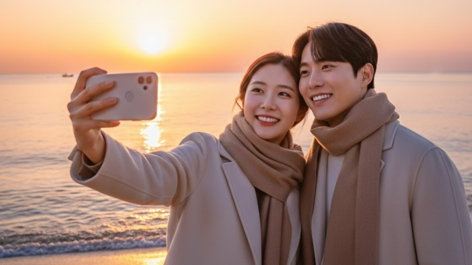 강원도 동해 바다를 배경으로 새해 첫 일출을 보며 로맨틱한 시간을 보내는 행복한 한국인 커플