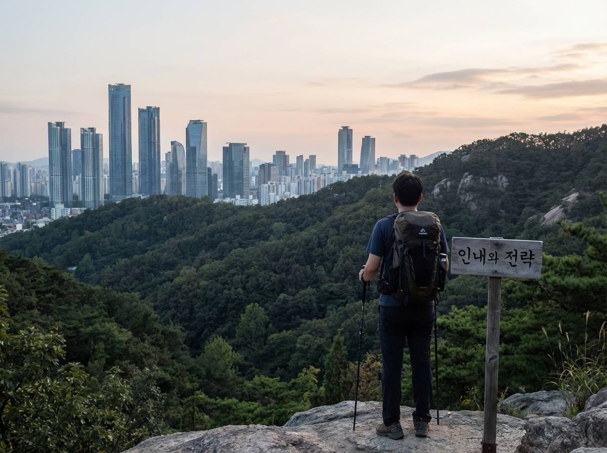 숲을 바라보는 등산객의 뒷모습과 멀리 보이는 현대적인 도시의 스카이라인, 인내와 전략을 상징하는 이미지