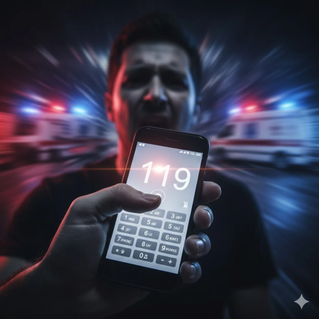 다급한 표정으로 휴대폰을 들고 '119'를 누르려는 손의 클로즈업 사진입니다. 배경에는 흐릿하게 긴급한 상황임을 나타내는 구급차의 빨간색 불빛이나 사이렌 효과를 넣습니다. 이미지 중앙에는 119 번호가 명확히 보이도록 강조합니다.
