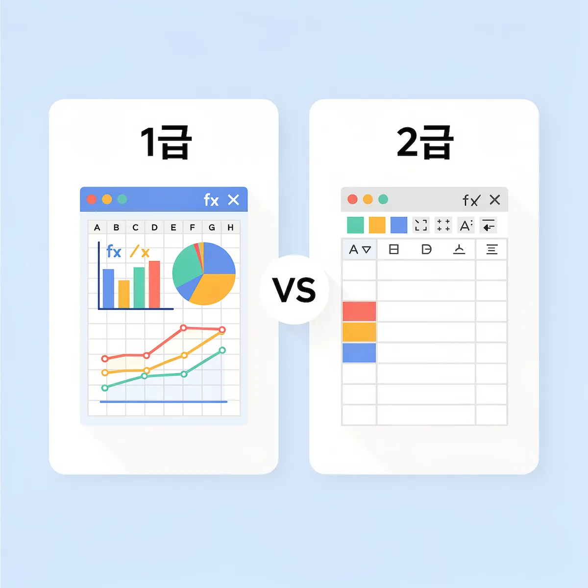 컴활 1급과 2급의 시험 범위와 난이도를 비교한 일러스트