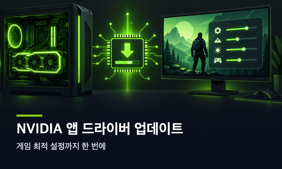 NVIDIA 앱 드라이버 업데이트와 게임 최적화 대표 이미지. 그래픽카드 업데이트와 게임 설정 패널 일러스트