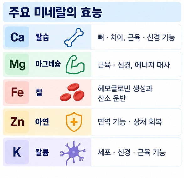 칼슘 마그네슘 철 아연 칼륨의 역할과 대표 식품을 비교한 이미지