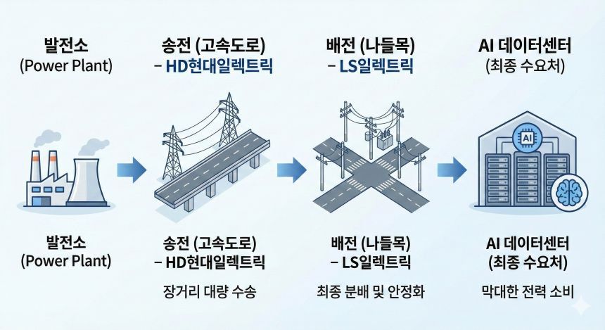 AI 데이터센터 전력 공급 구조도: 발전소에서 송전(HD현대일렉트릭), 배전(LS일렉트릭)을 거쳐 데이터센터로 이어지는 전력망 흐름과 기업별 역할