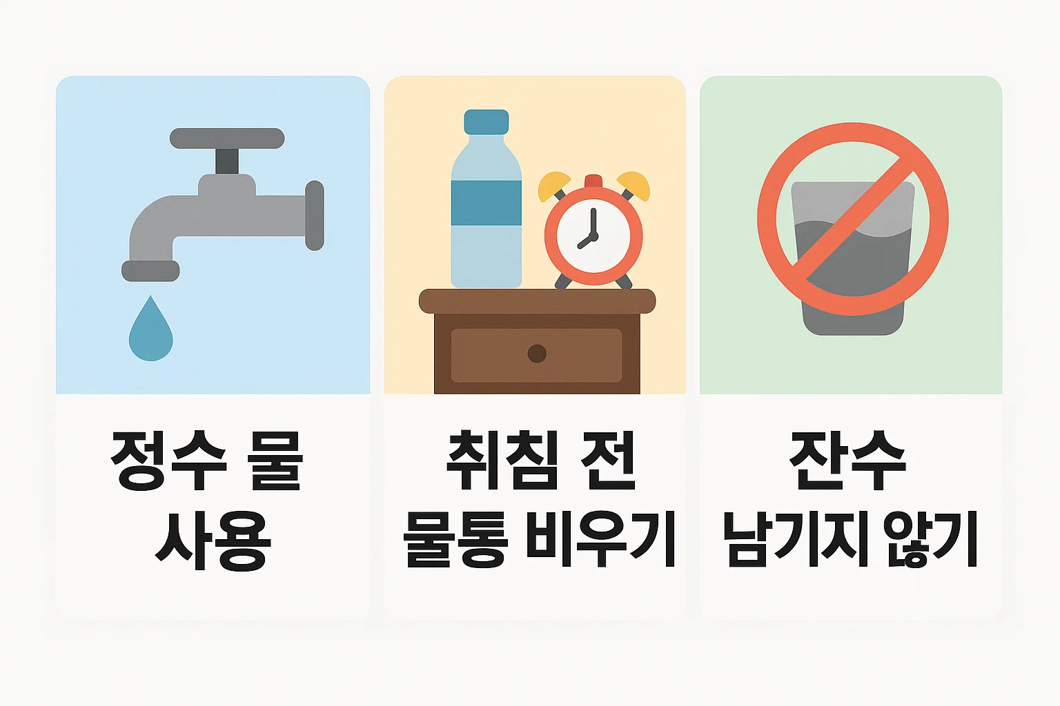가열식 가습기 석회가 다시 생기지 않도록 정수물 사용, 취침 전 물통 비우기, 잔수 남기지 않기 등 핵심 재발 방지 팁을 시각적으로 정리한 가이드 이미지