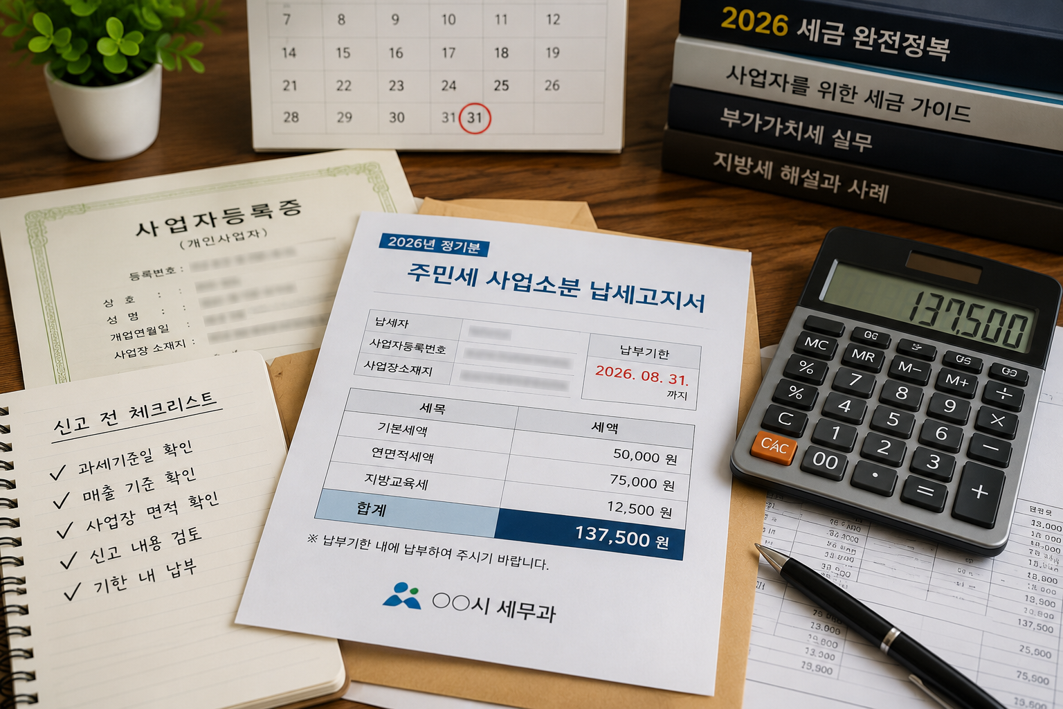 사업자등록증&middot;임대차계약서&middot;주민세 안내서를 비교하는 책상