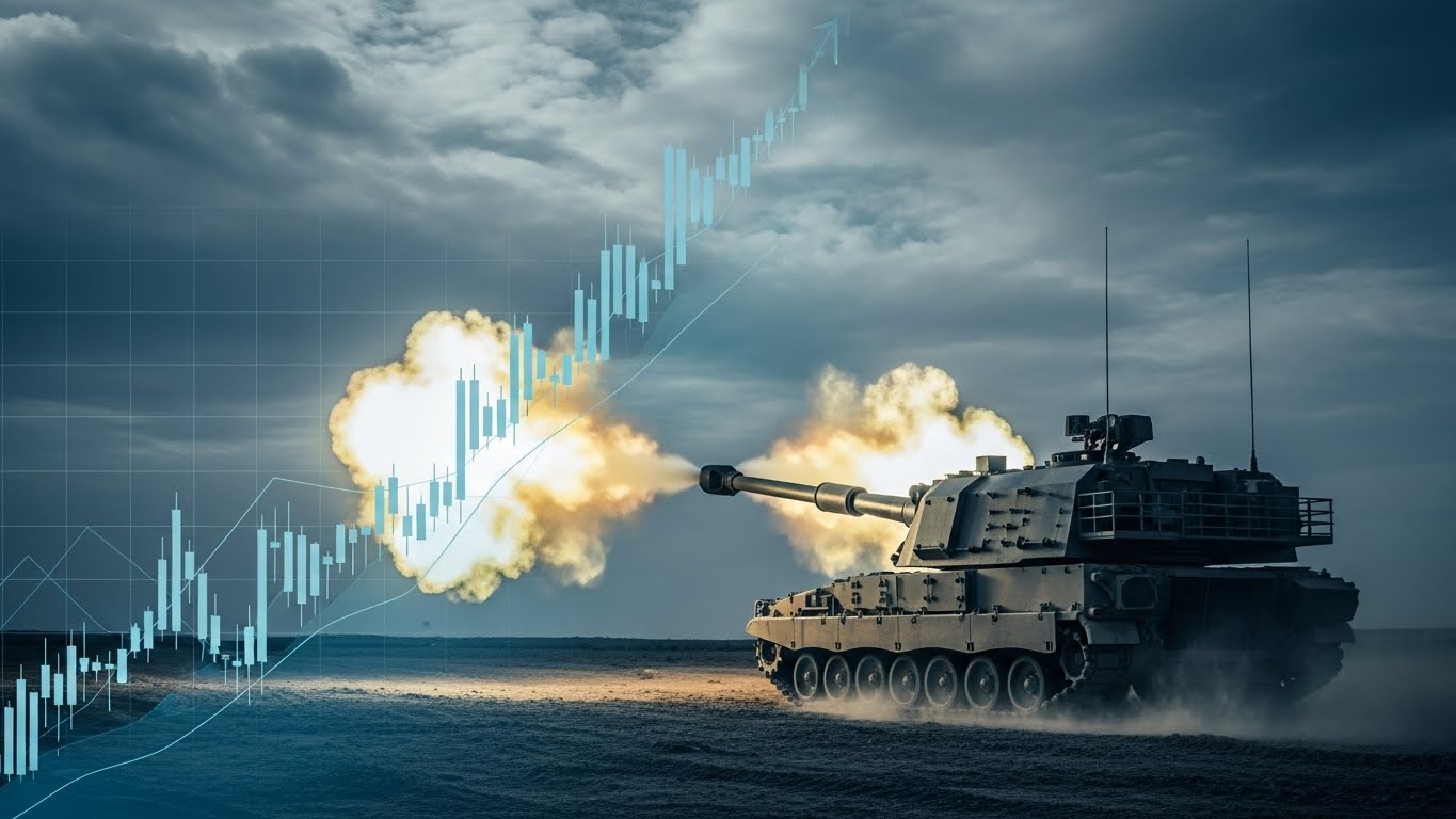 Dramatic image of K9 self-propelled howitzer firing with rising stock chart overlay, Blue-Gray theme.