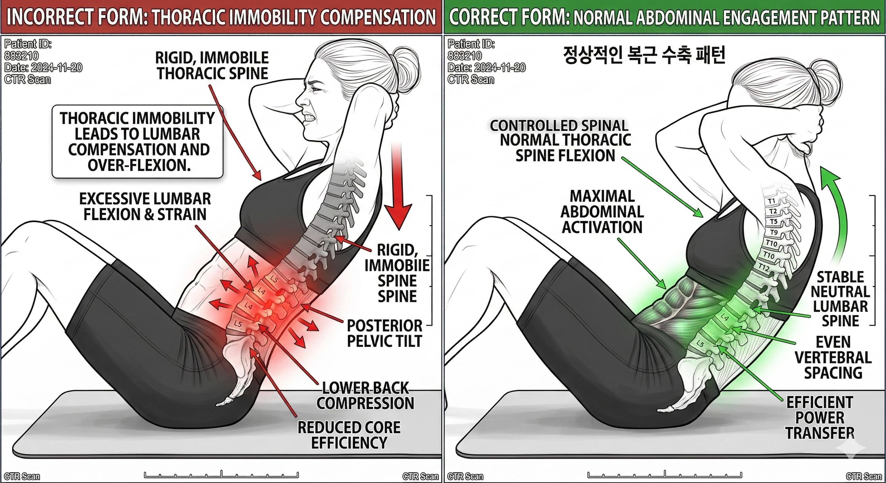 흉추 가동성 부족 허리 과굴곡 복근 운동 보상 패턴