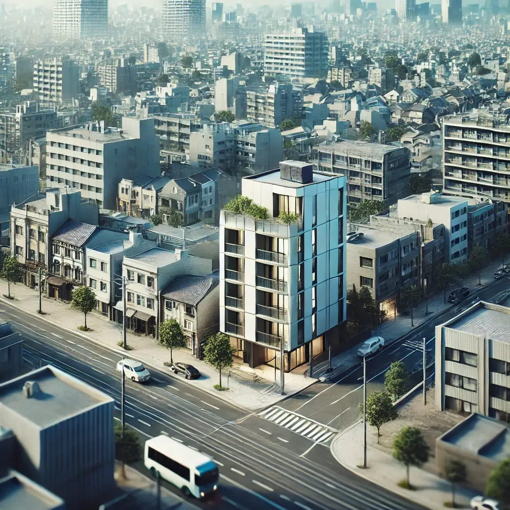 도심에 위치한 소형 아파트의 멀리서 본 전경.