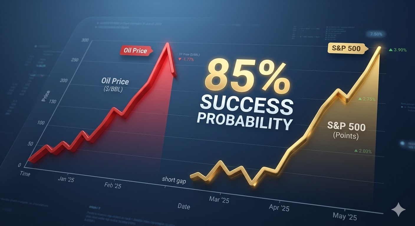 유가 그래프가 치솟은 후, 일정한 시차를 두고 S&P 500 지수가 이를 따라 급반등하는 역사적 통계를 보여주는 데이터 차트