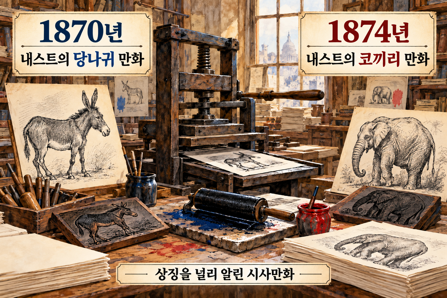 19세기 인쇄 작업실과1870년 당나귀·1874년 코끼리를 나타낸 설명용 연표