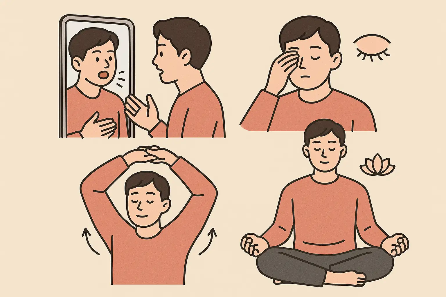 거울 앞에서 말하기 연습하는 사람, 눈 휴식과 스트레칭, 명상