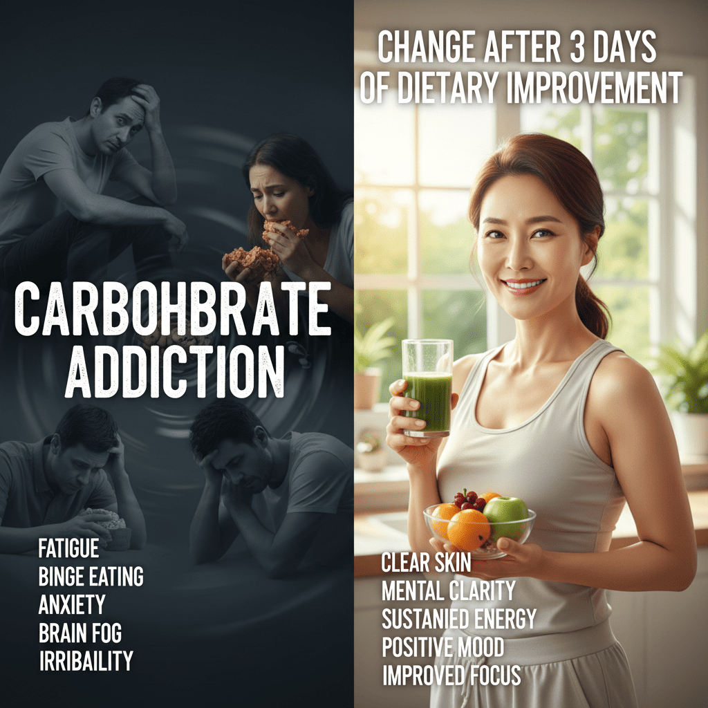 왼쪽에는 “탄수화물 중독 상태” — 피로, 폭식, 불안 등의 모습
오른쪽에는 “3일 실천 후 변화” — 맑은 표정, 집중력, 활력 등의 모습으로 바뀐 여성