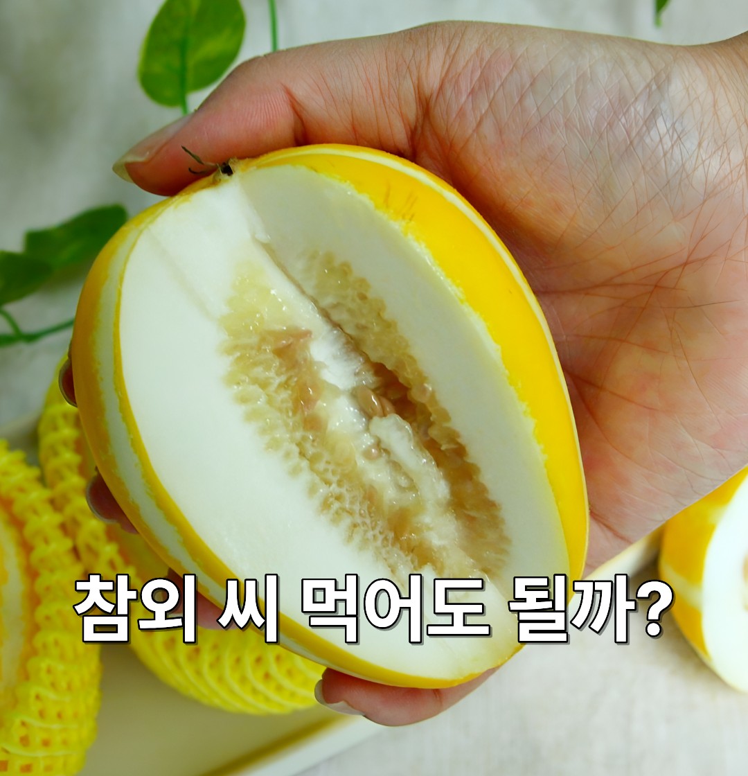 손에 든 반으로 자른 참외 단면과 가운데 씨 부분이 보이는 모습