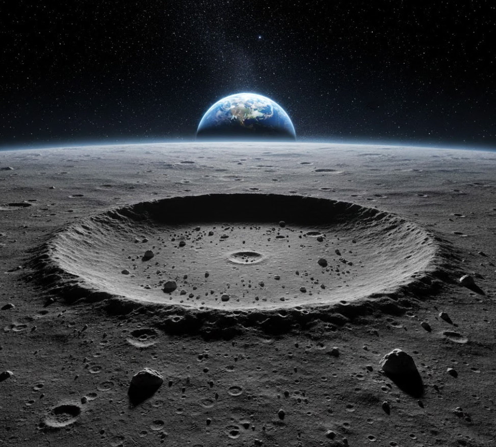 달 표면에 선명하게 새겨진 거대한 운석 구덩이(완후 크레이터) 너머로 푸른 지구가 떠오르는(지구돋이) 신비롭고 웅장한 우주 풍경 일러스트