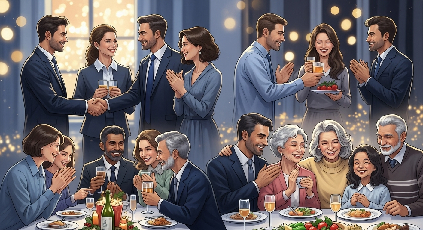 2025년 연말, 거래처, 지인, 가족이 서로 따뜻한 인사말을 나누며 행복한 한 해를 마무리하는 모습