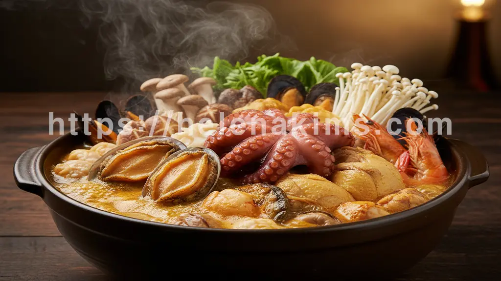 김이 모락모락 피어오르는 푸짐한 해신탕, 신선한 전복, 문어, 낙지, 닭고기가 황금빛 육수에 어우러져 활력 넘치는 에너지를 상징하는 이미지.