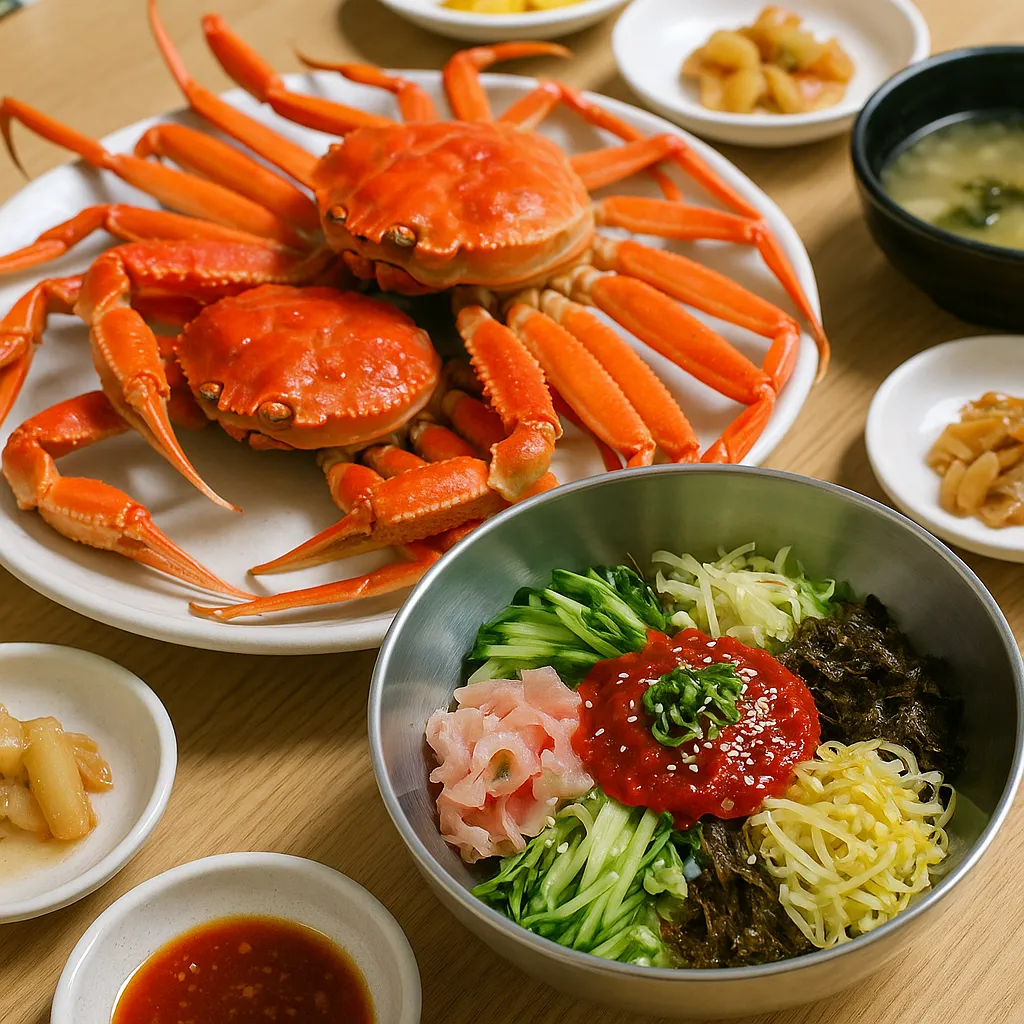 홍게찜과 회덮밥이 차려진 한 상차림