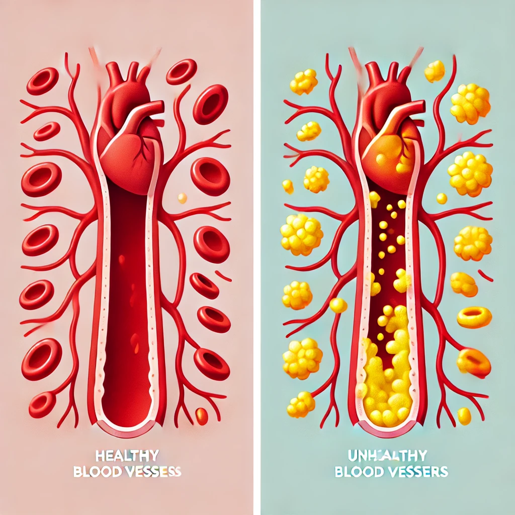 건강한 상태의 혈관과 막힌 혈관의 비교를 표현한 그림