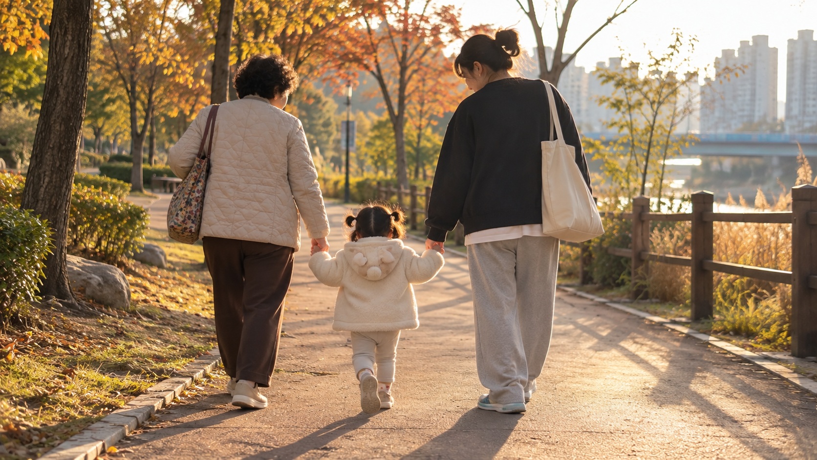 가을 햇살이 비치는 동네 산책로에서 할머니와 엄마가 어린아이의 양손을 잡고 함께 걸어가는 뒷모습