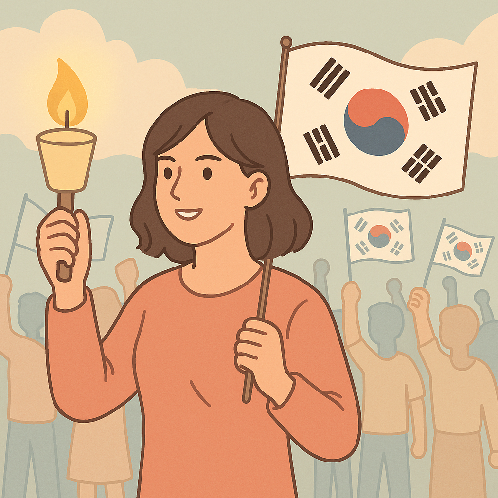 촛불과 태극기를 들고 평화 시위에 참여한 여성과 뒤편의 시민들