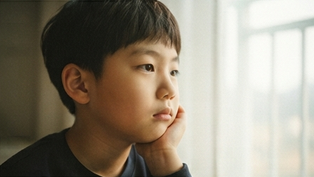 아이가 골똘히 생각에 잠긴 표정