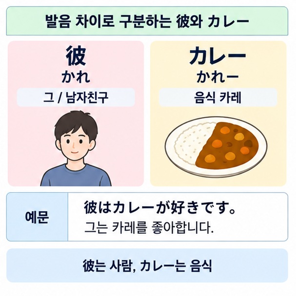 일본어 彼 かれ와 음식 カレー かれー의 표기 발음 길이 의미 차이를 정리한 이미지