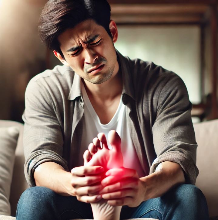 통풍으로 발이 아파 얼굴을 찌푸리고 있는 한국 30대 남성의 사진