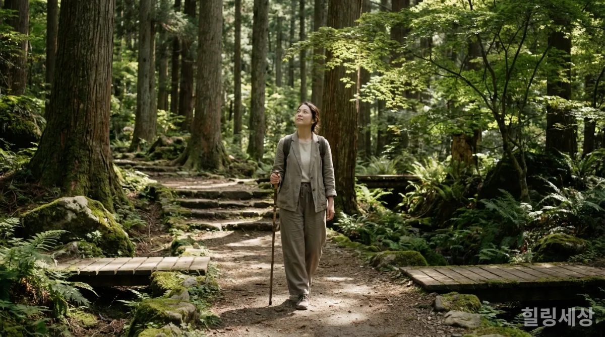 한국의 고요한 숲길을 혼자 걷는 여성