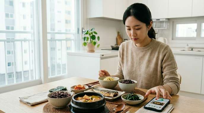 스마트폰 앱으로 음식 사진을 찍어 칼로리와 영양 성분을 분석하는 장면