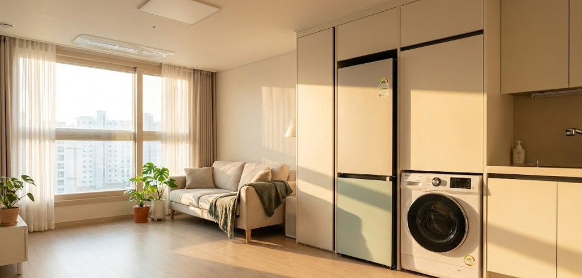 고효율 가전제품으로 꾸며진 깨끗하고 따뜻한 느낌의 거실 풍경