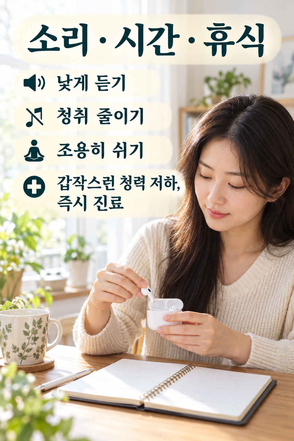 이어폰을 케이스에 넣으며 하루 청취를 정리하는 성인과 소리&middot;시간&middot;휴식 안내