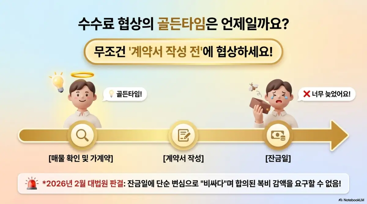 부동산 중개수수료: 중개수수료 협상의 골든타임은 매물 확인 및 가계약 단계이며 잔금일에는 이미 늦다는 타이밍을 타임라인으로 설명한 인포그래픽 이미지. 이 이미지는 복비 협상은 계약서 작성 전에 해야 한다는 핵심 정보와 2026년 대법원 판결을 시각적으로 전달하며&amp;#44; 블로그의 수수료 협상과 관련된 내용을 설명함